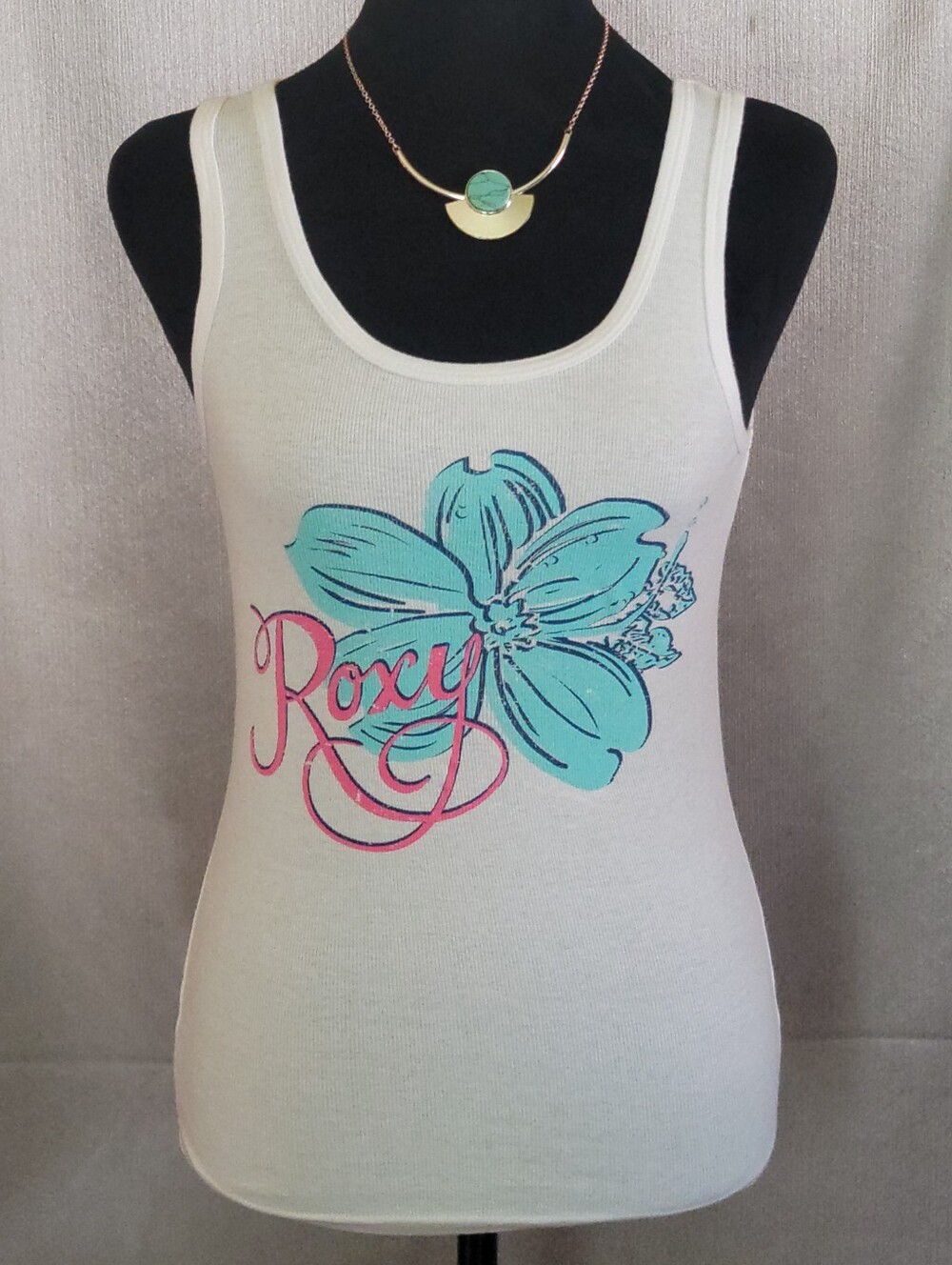 Roxy White Ribbed Tank with Teal Flower and Pink Script